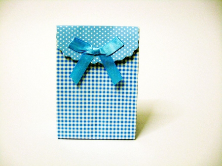 Stabile Geschenktasche aus Pappe Blau kariert mit weißen Punkten
